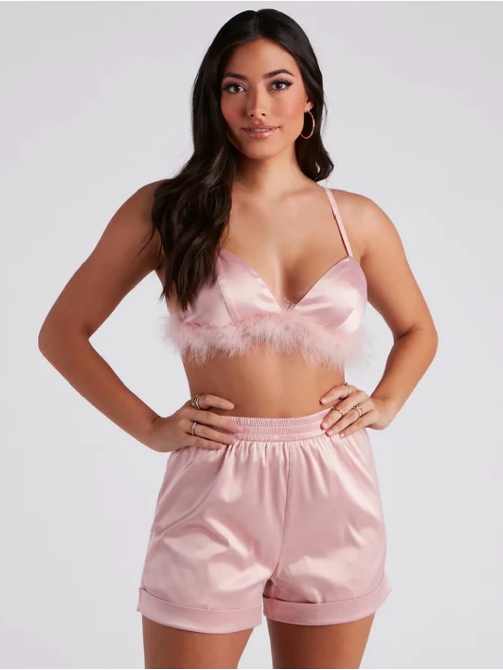 #97 Windsor Pink Satin Feather-Trim Bralette & Shorts Set